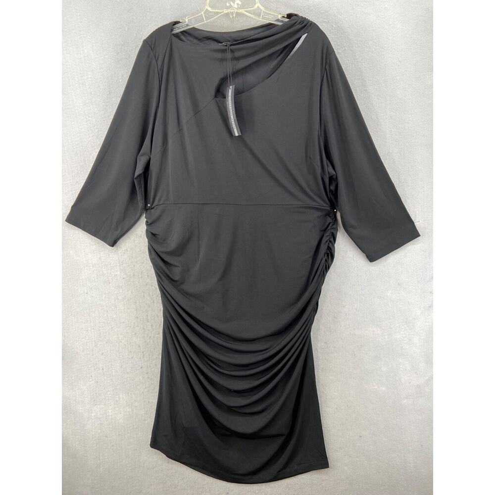 LANE BRYANT Dress Sz 22 BLACK PONTE Shoulder Keyhole Ruched‎ Control Tech